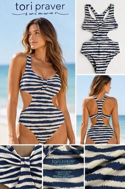 Tori Praver Swimwear Navy Ivory Striped Cutout One Piece Swimsuit M